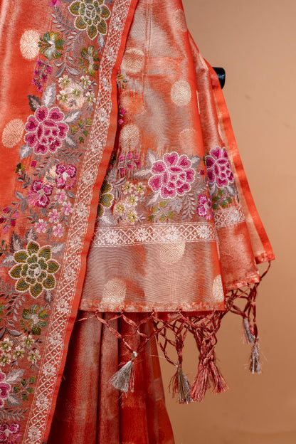 Orange Tissue Designer Embroidery Premium Banarasi Saree