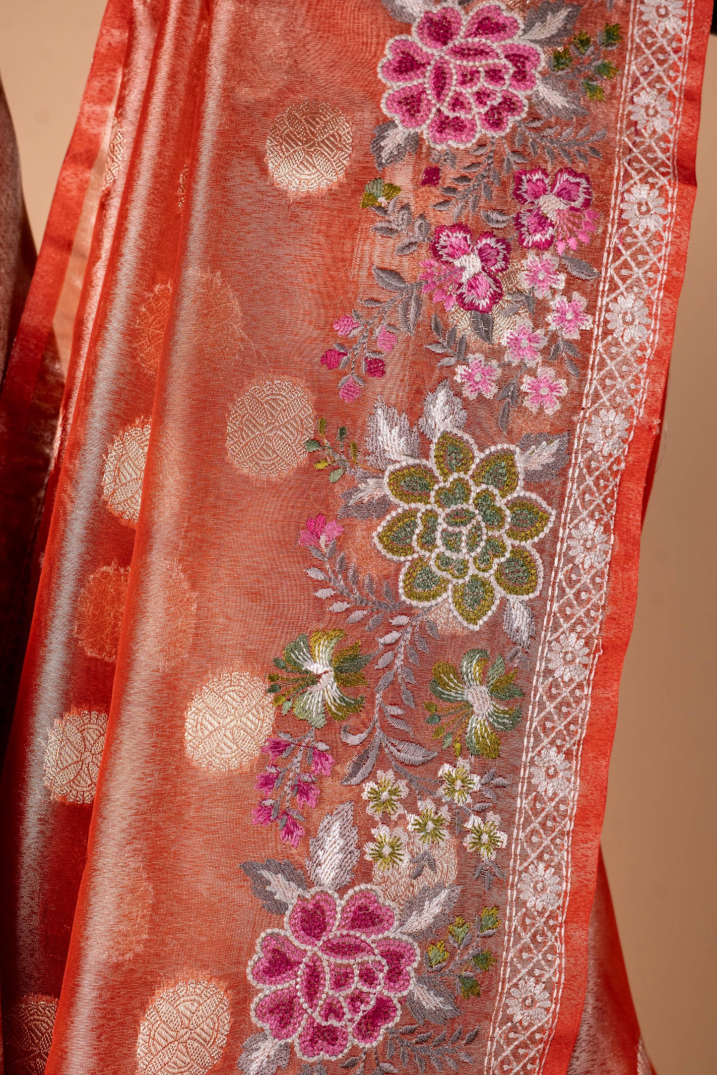 Orange Tissue Designer Embroidery Premium Banarasi Saree