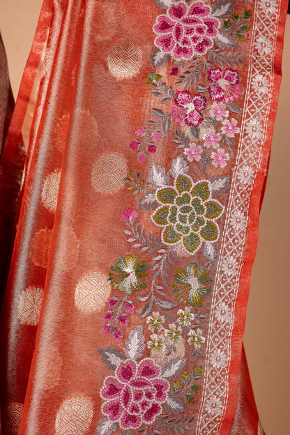 Orange Tissue Designer Embroidery Premium Banarasi Saree