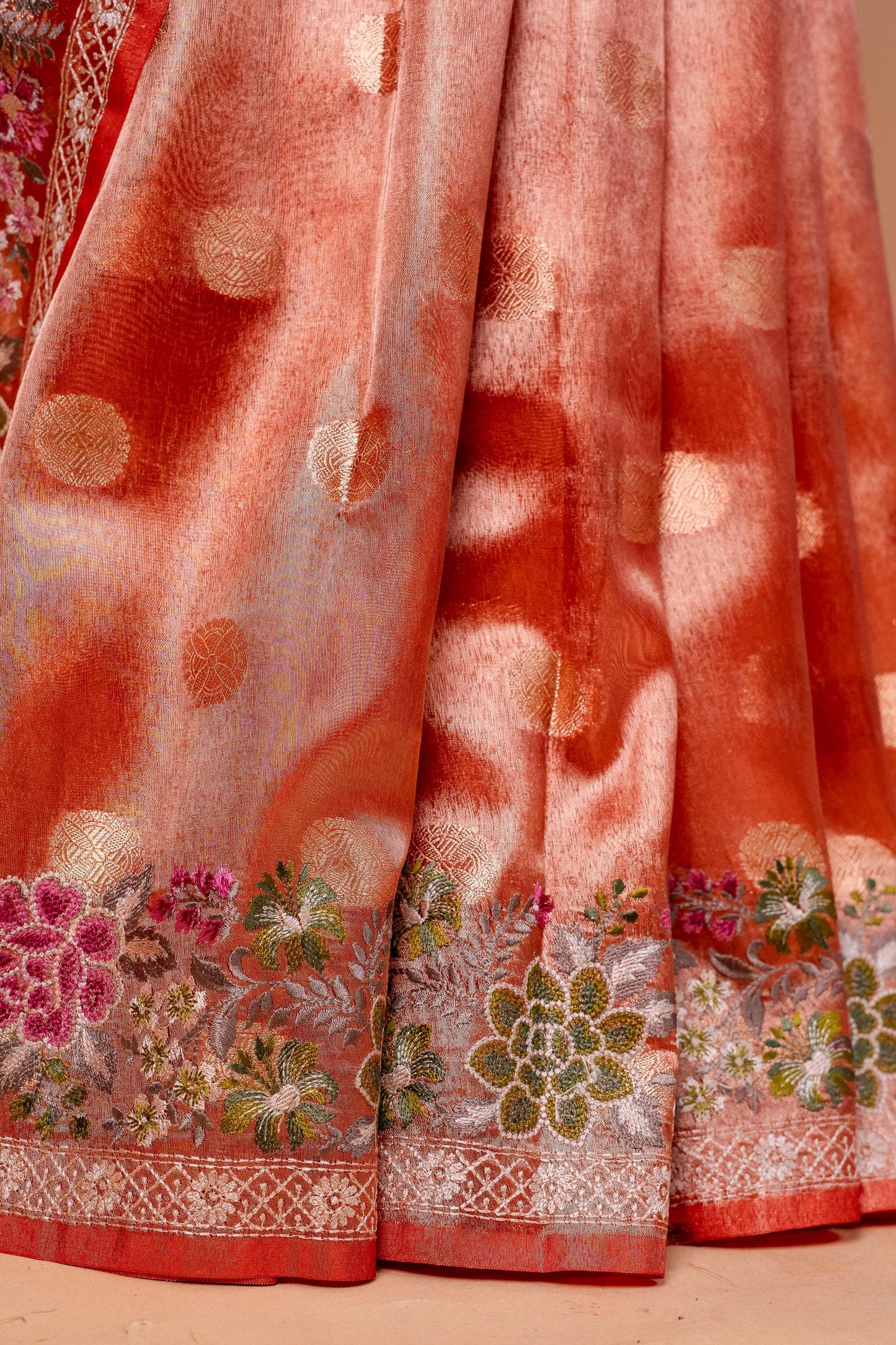 Orange Tissue Designer Embroidery Premium Banarasi Saree