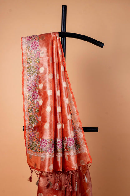 Orange Tissue Designer Embroidery Premium Banarasi Saree
