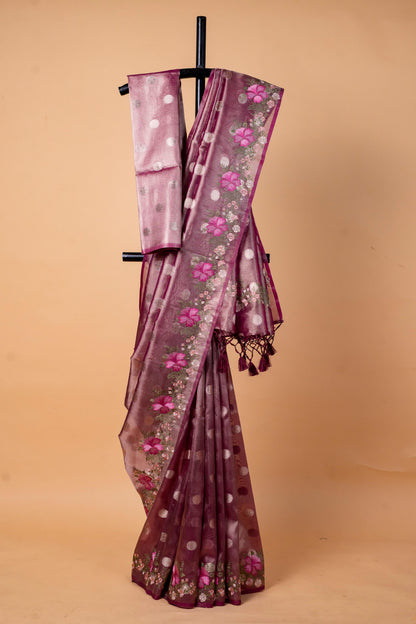 Magenta Tissue Designer Embroidery Premium Banarasi Saree