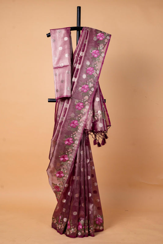 Magenta Tissue Designer Embroidery Premium Banarasi Saree