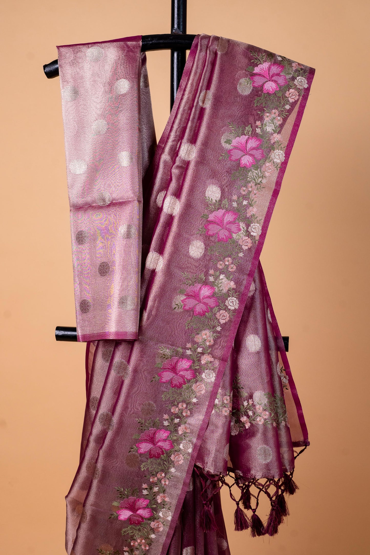 Magenta Tissue Designer Embroidery Premium Banarasi Saree