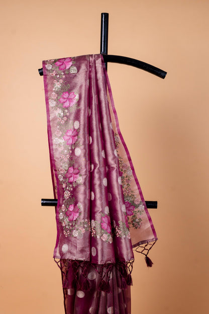 Magenta Tissue Designer Embroidery Premium Banarasi Saree