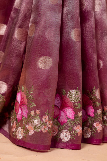 Magenta Tissue Designer Embroidery Premium Banarasi Saree