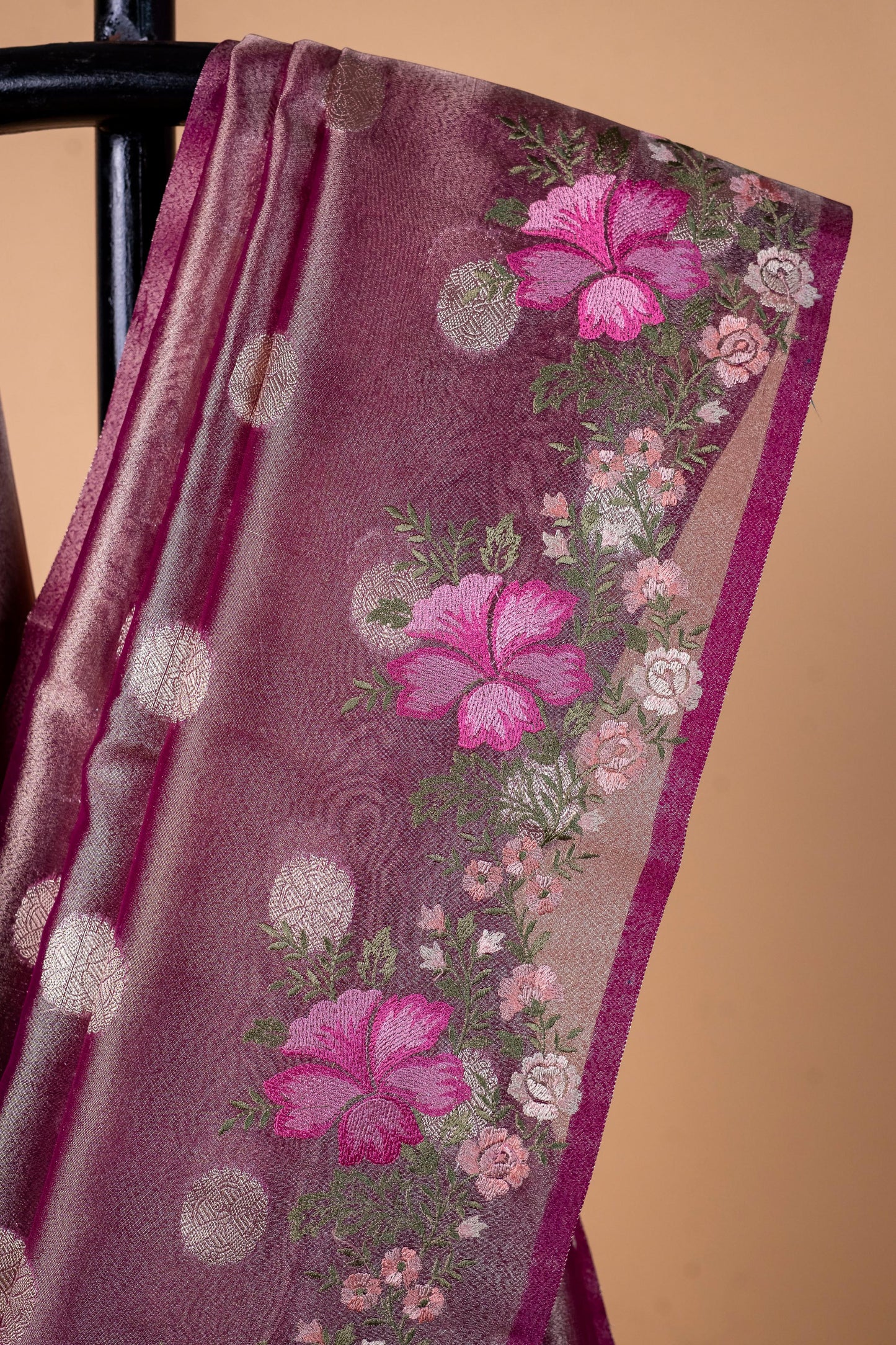 Magenta Tissue Designer Embroidery Premium Banarasi Saree