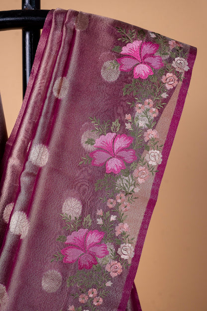 Magenta Tissue Designer Embroidery Premium Banarasi Saree