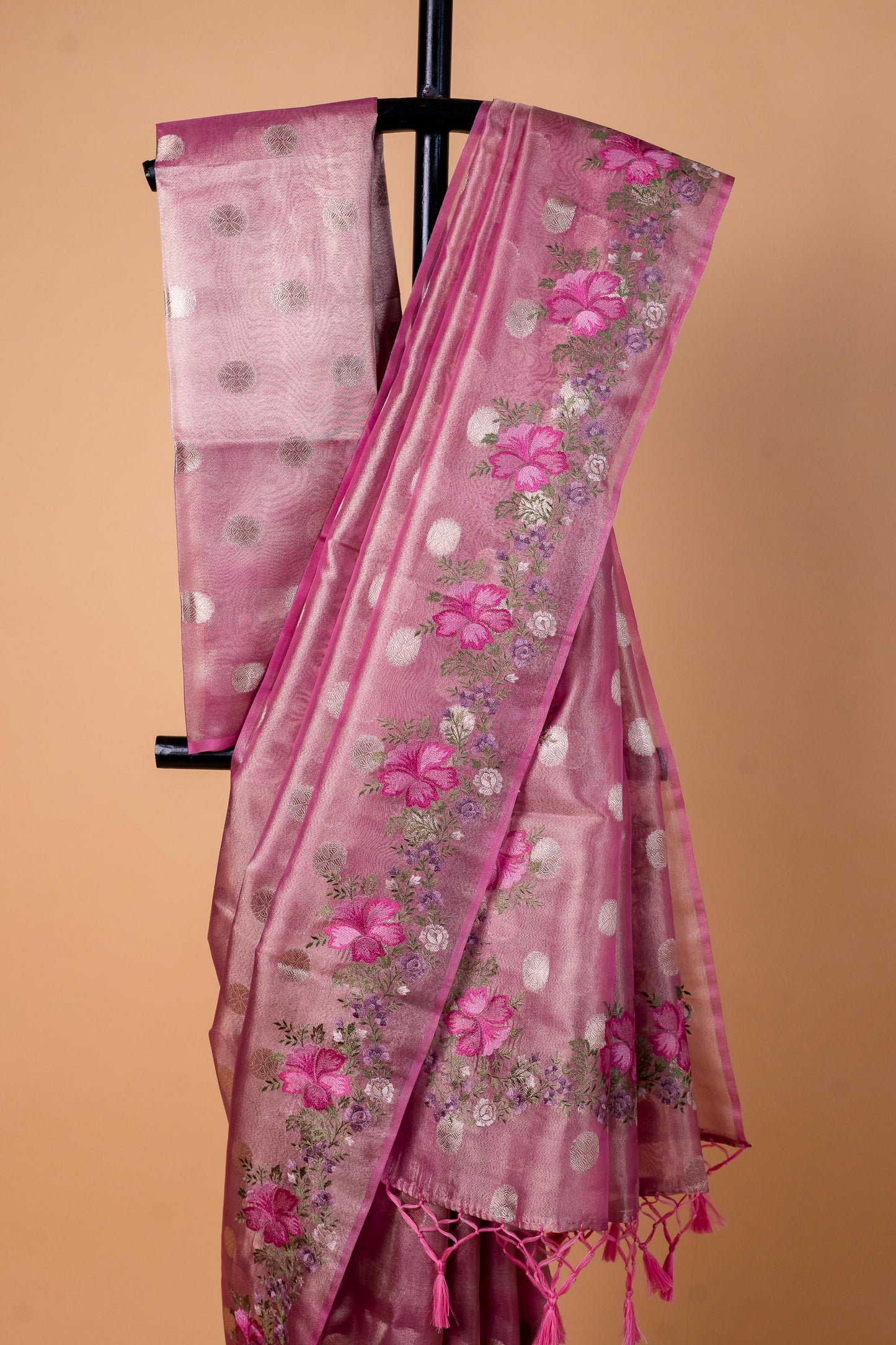 Pink Tissue Designer Embroidery Premium Banarasi Saree