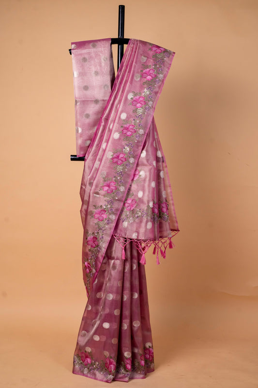 Pink Tissue Designer Embroidery Premium Banarasi Saree