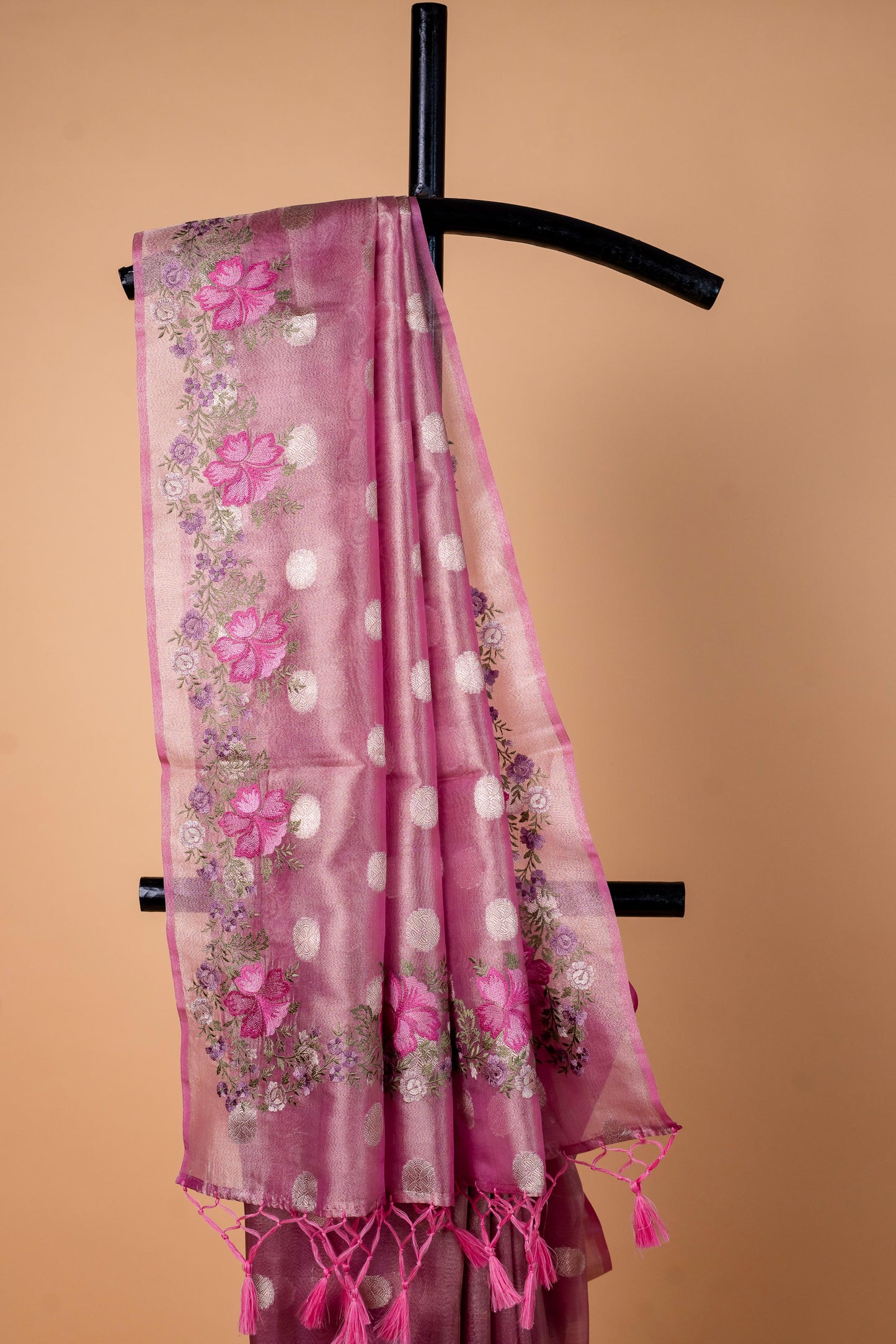 Pink Tissue Designer Embroidery Premium Banarasi Saree