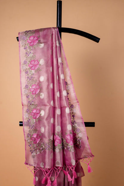 Pink Tissue Designer Embroidery Premium Banarasi Saree