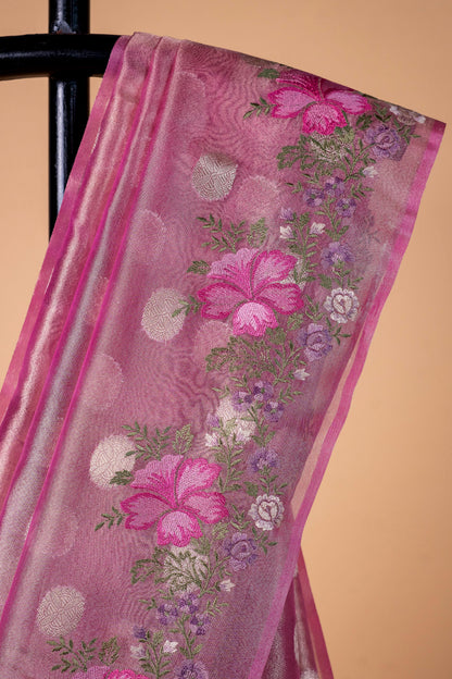 Pink Tissue Designer Embroidery Premium Banarasi Saree