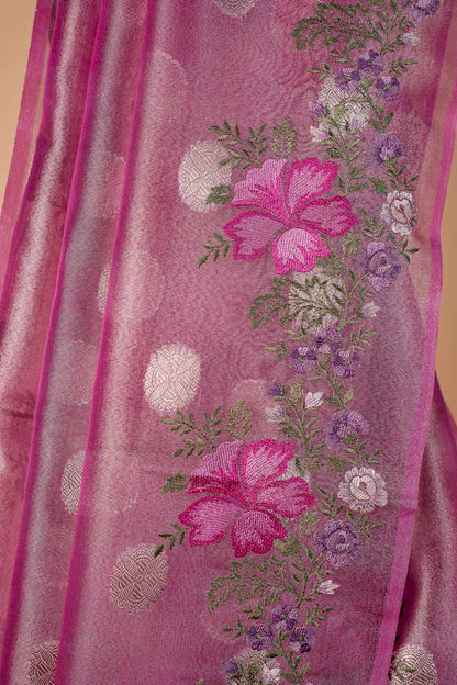 Pink Tissue Designer Embroidery Premium Banarasi Saree