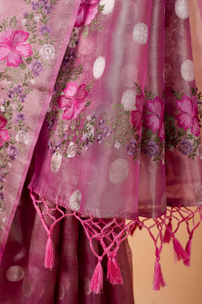 Pink Tissue Designer Embroidery Premium Banarasi Saree