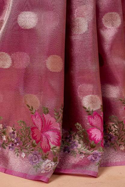 Pink Tissue Designer Embroidery Premium Banarasi Saree