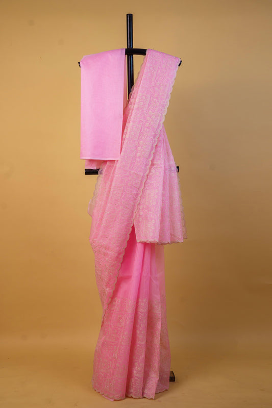 Pink Cotton Kota Designer Embroidery Premium Banarasi Saree
