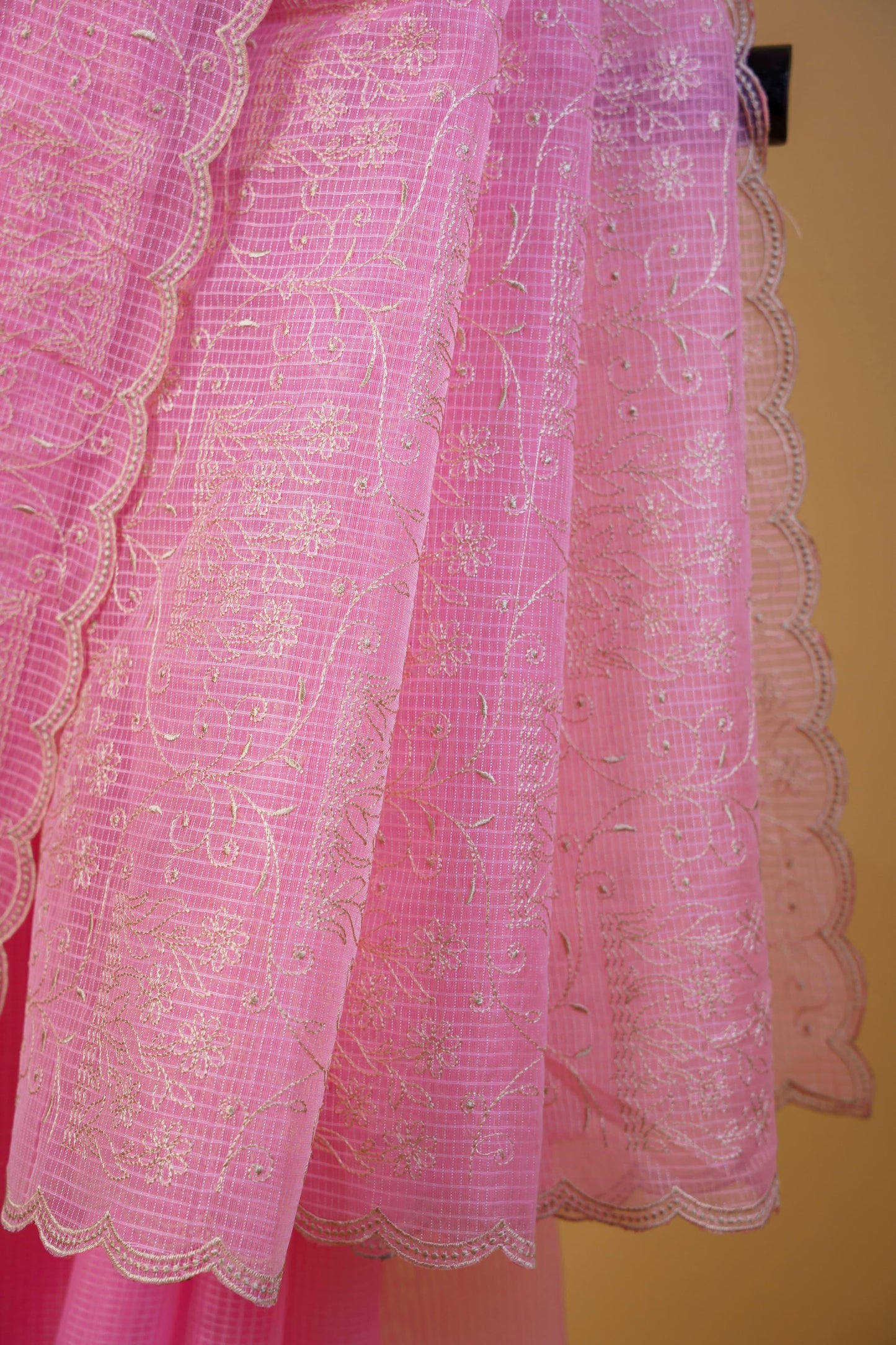 Pink Cotton Kota Designer Embroidery Premium Banarasi Saree