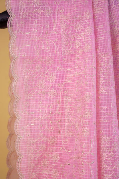 Pink Cotton Kota Designer Embroidery Premium Banarasi Saree