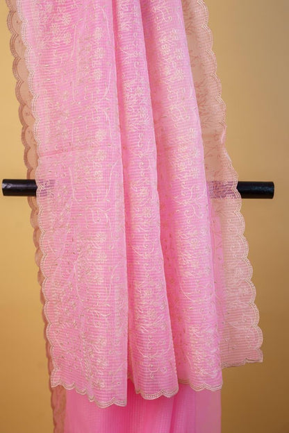 Pink Cotton Kota Designer Embroidery Premium Banarasi Saree
