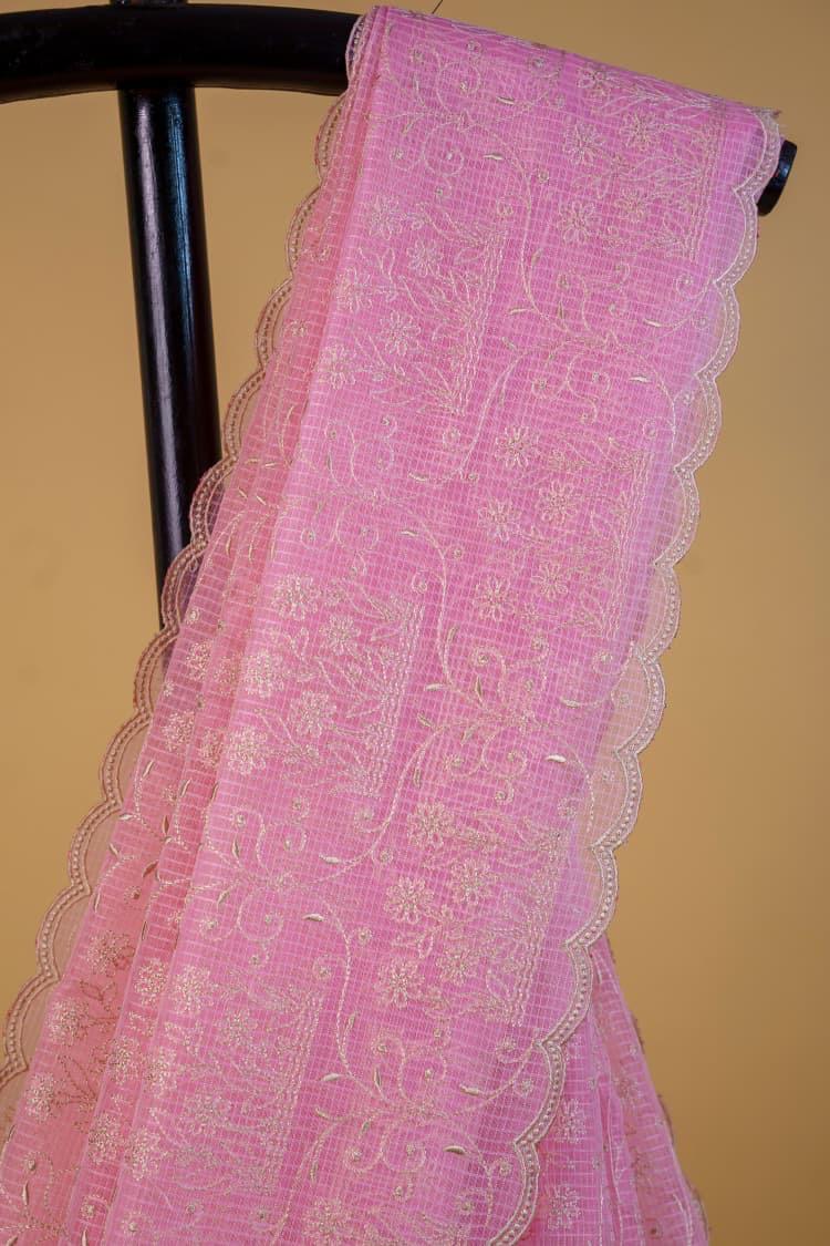 Pink Cotton Kota Designer Embroidery Premium Banarasi Saree