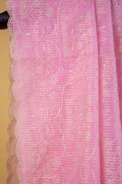 Pink Cotton Kota Designer Embroidery Premium Banarasi Saree