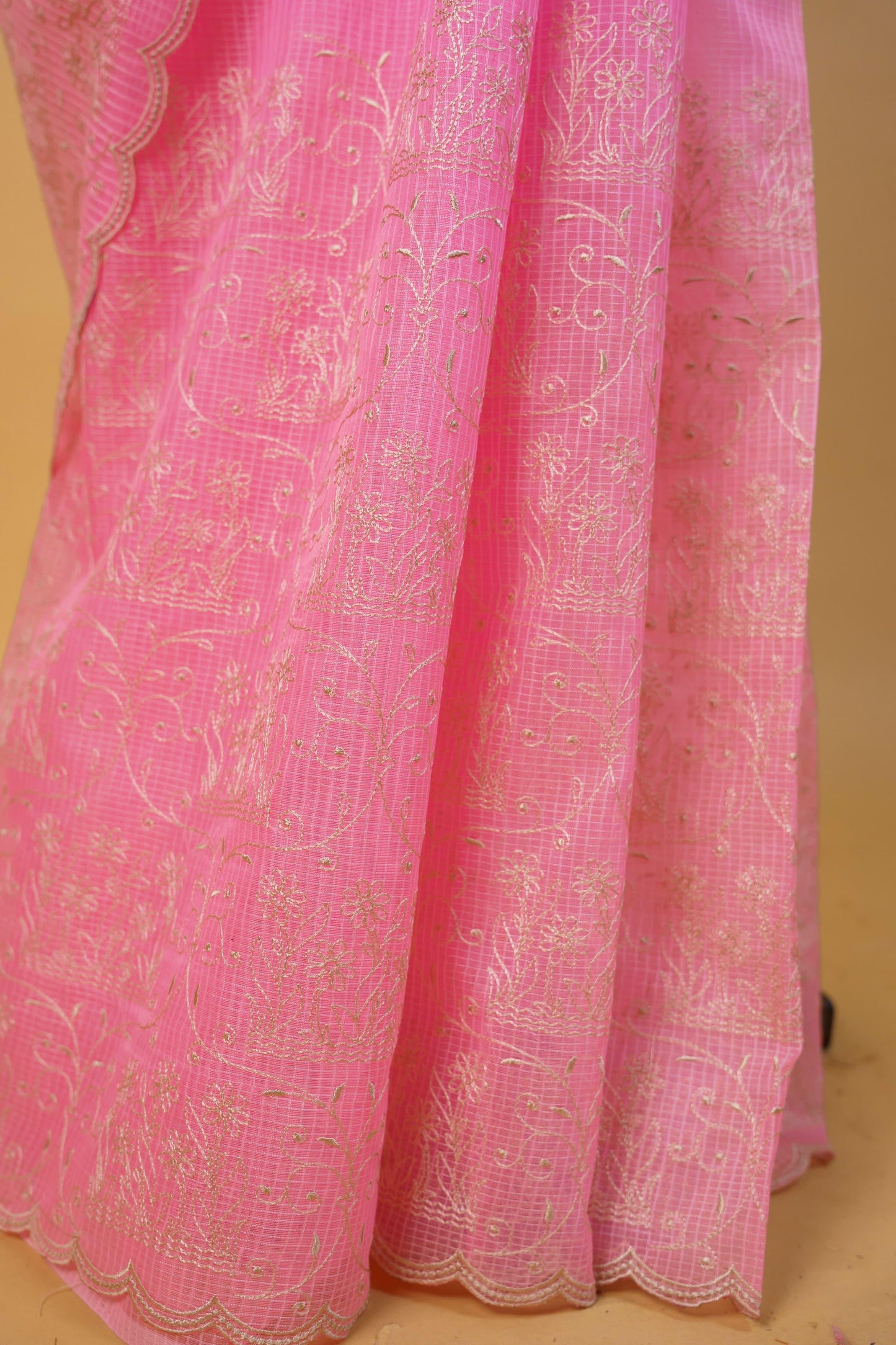 Pink Cotton Kota Designer Embroidery Premium Banarasi Saree