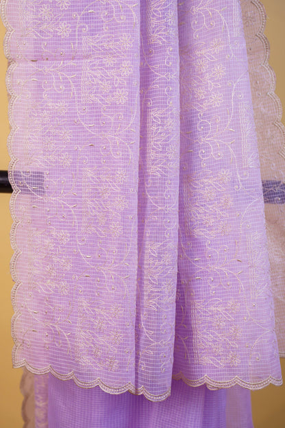 Lovender Cotton Kota Designer Embroidery Premium Banarasi Saree
