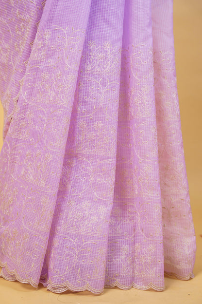 Lovender Cotton Kota Designer Embroidery Premium Banarasi Saree