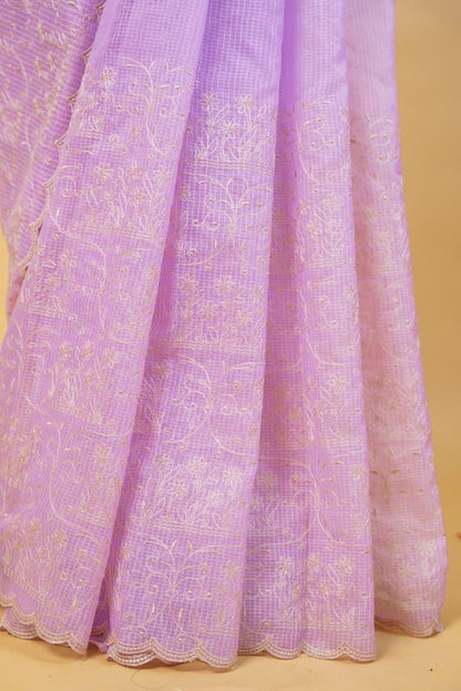 Lovender Cotton Kota Designer Embroidery Premium Banarasi Saree