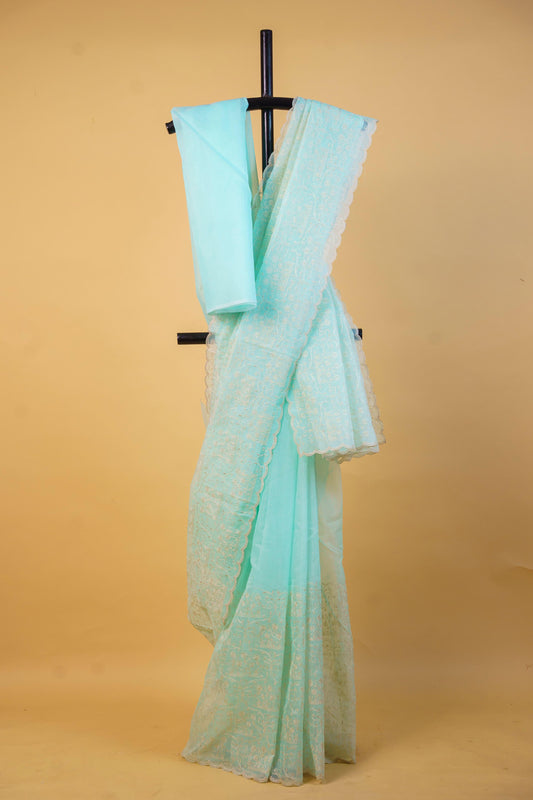Aqua Blue Cotton Kota Designer Embroidery Premium Banarasi Saree