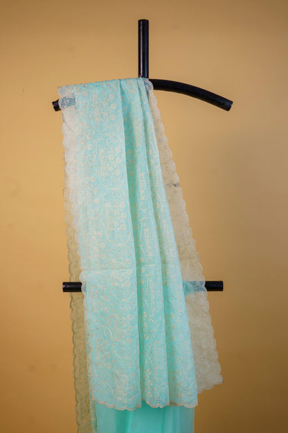 Aqua Blue Cotton Kota Designer Embroidery Premium Banarasi Saree