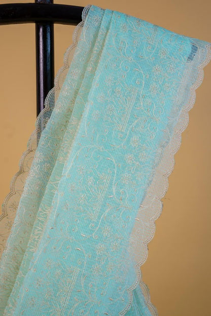 Aqua Blue Cotton Kota Designer Embroidery Premium Banarasi Saree