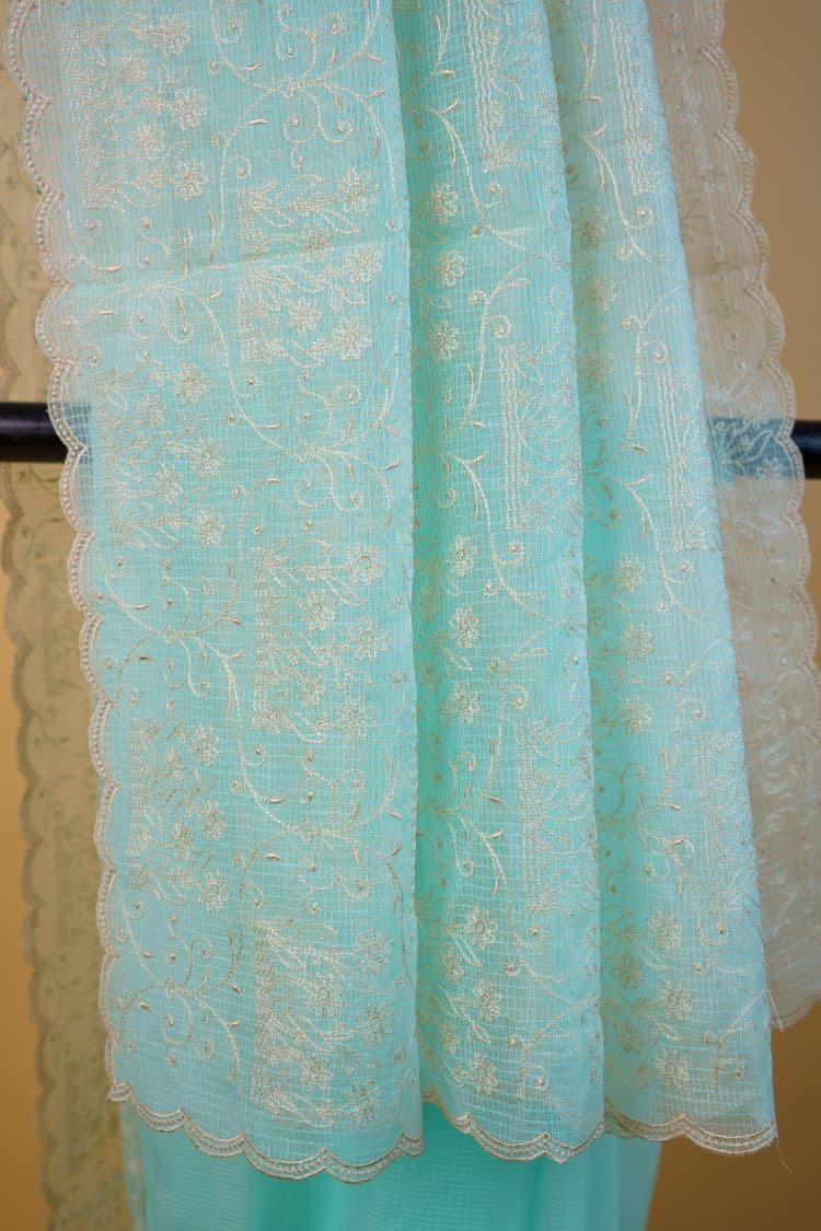 Aqua Blue Cotton Kota Designer Embroidery Premium Banarasi Saree