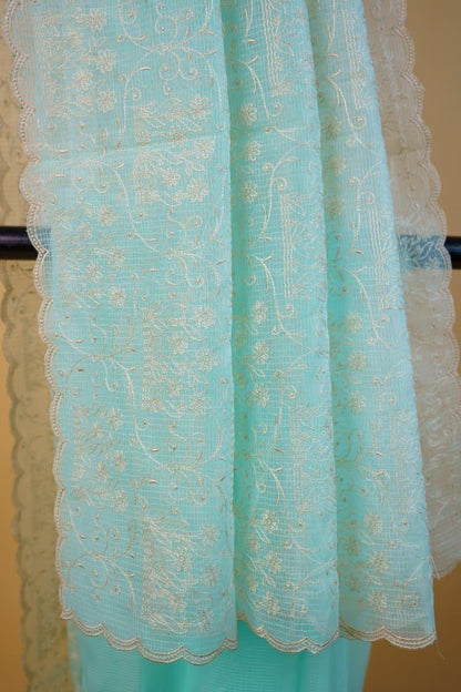 Aqua Blue Cotton Kota Designer Embroidery Premium Banarasi Saree