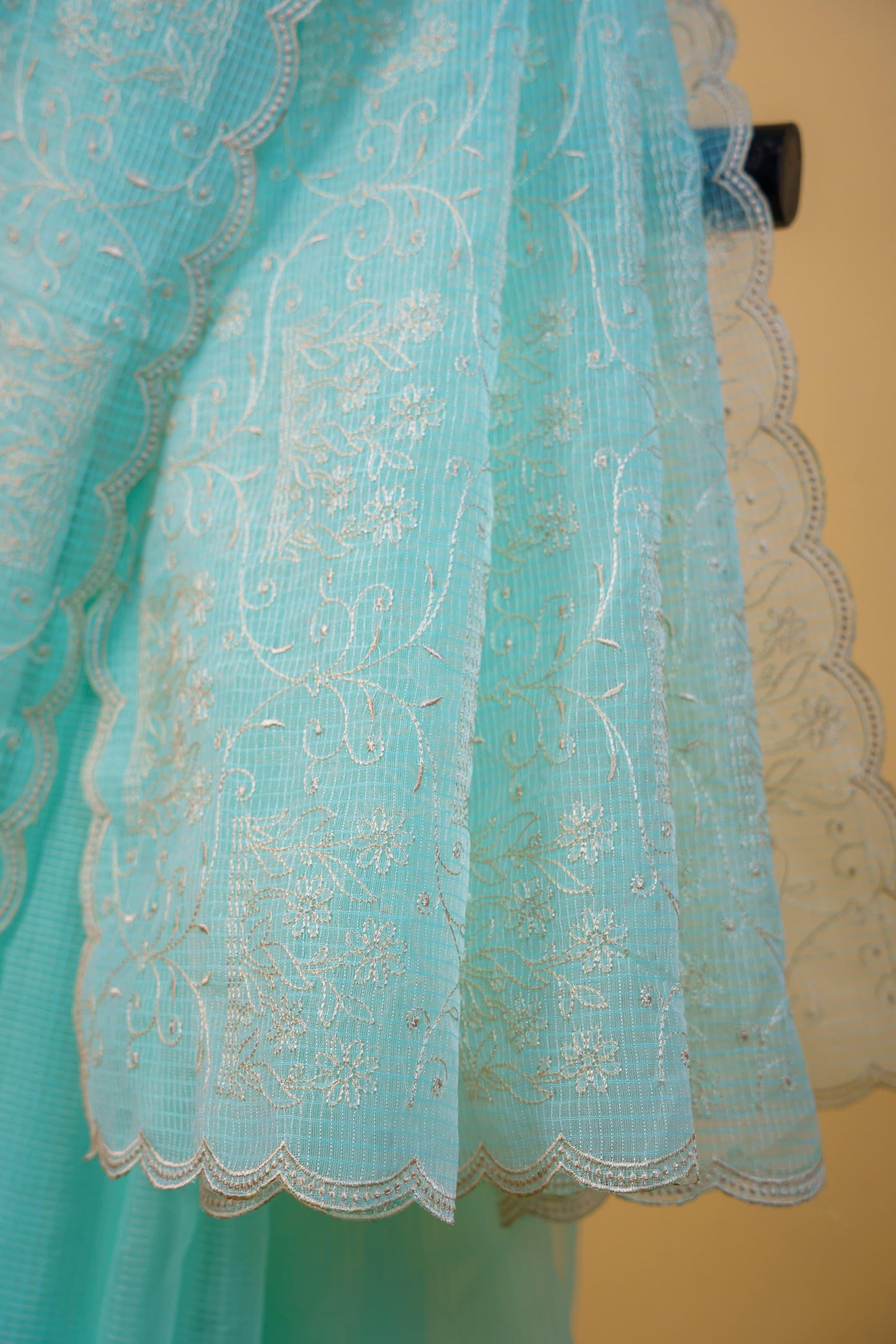 Aqua Blue Cotton Kota Designer Embroidery Premium Banarasi Saree