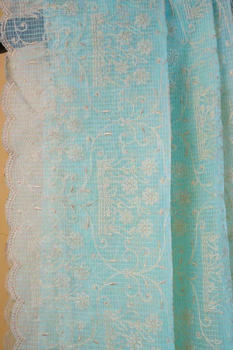 Aqua Blue Cotton Kota Designer Embroidery Premium Banarasi Saree