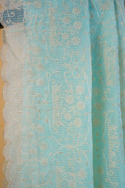 Aqua Blue Cotton Kota Designer Embroidery Premium Banarasi Saree