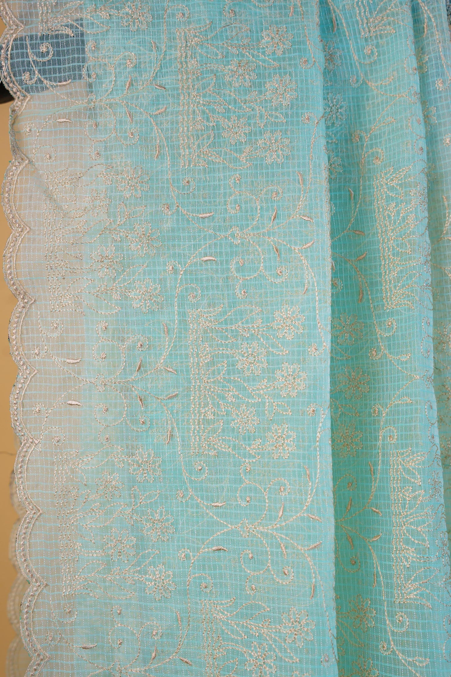Aqua Blue Cotton Kota Designer Embroidery Premium Banarasi Saree