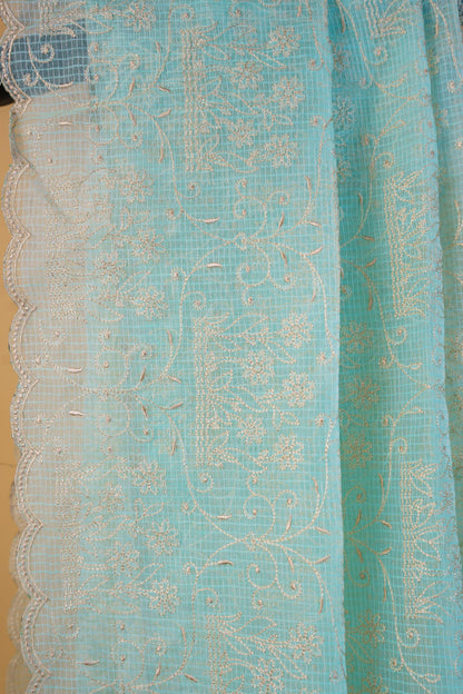 Aqua Blue Cotton Kota Designer Embroidery Premium Banarasi Saree