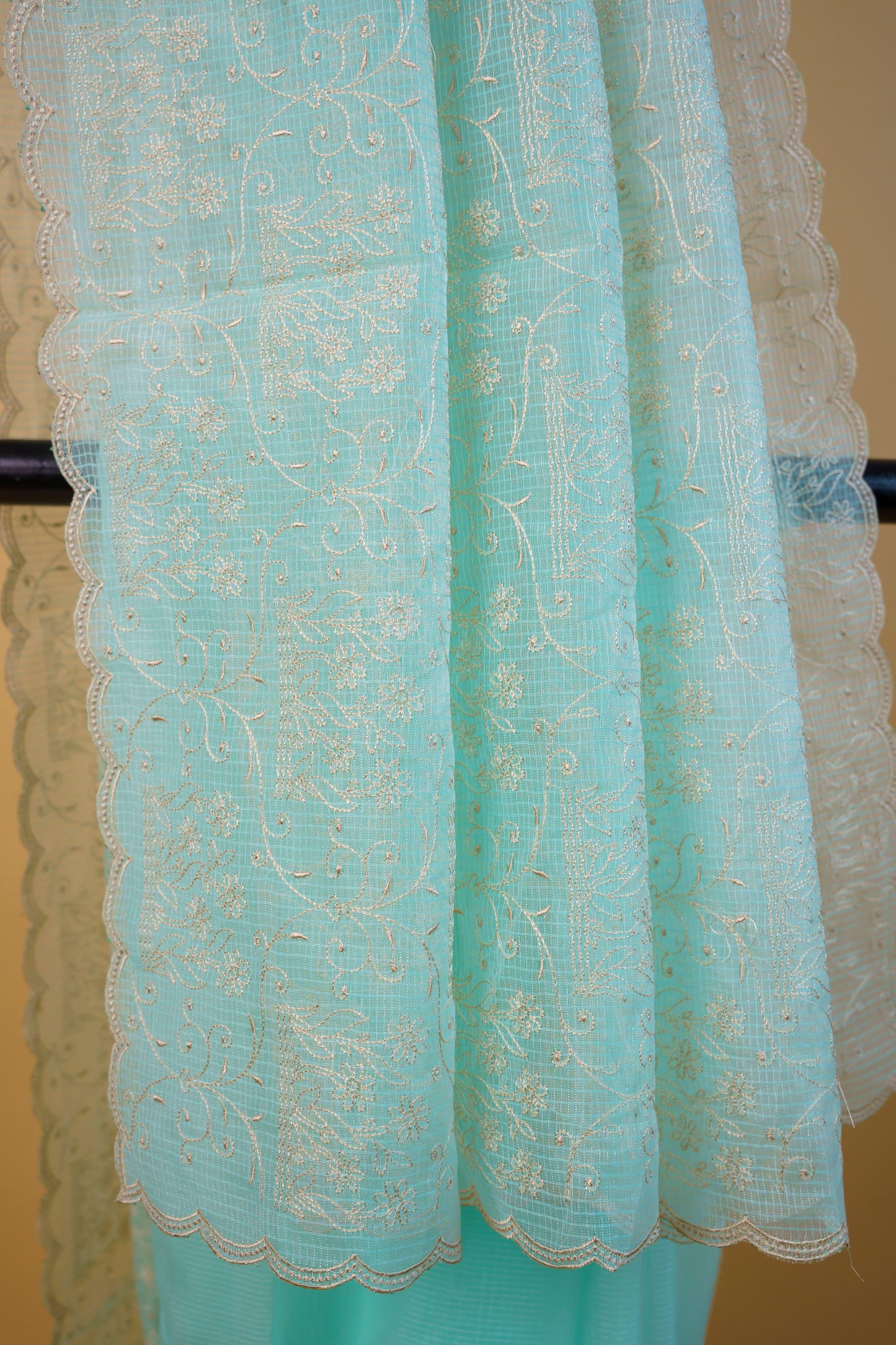 Aqua Blue Cotton Kota Designer Embroidery Premium Banarasi Saree