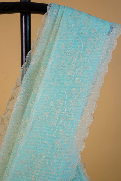 Aqua Blue Cotton Kota Designer Embroidery Premium Banarasi Saree