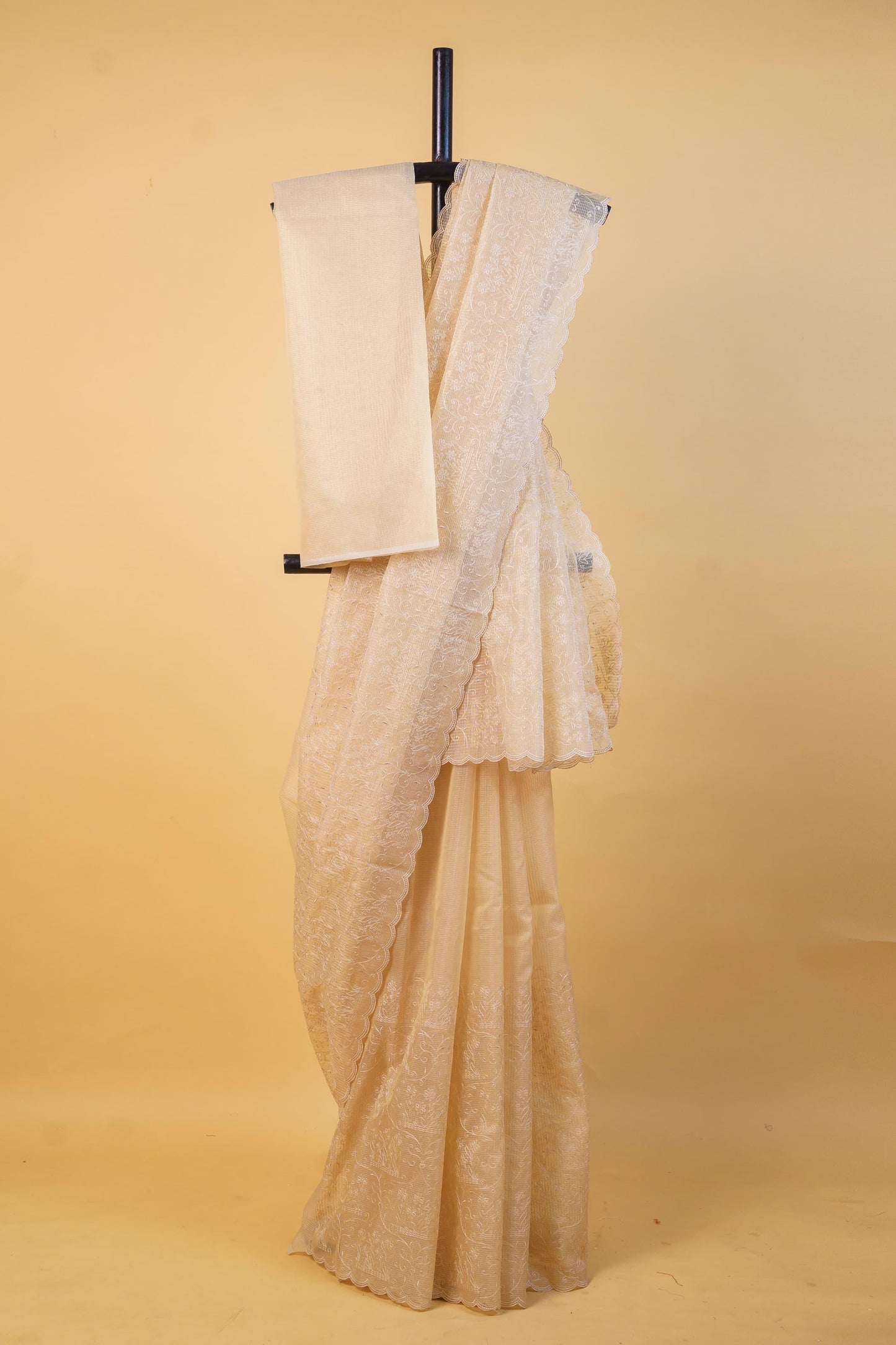 Beige Cotton Kota Designer Embroidery Premium Banarasi Saree