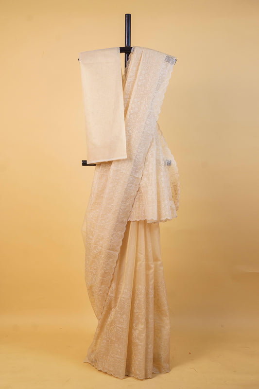 Beige Cotton Kota Designer Embroidery Premium Banarasi Saree