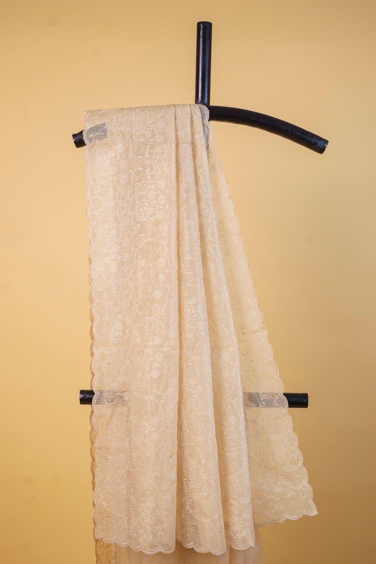 Beige Cotton Kota Designer Embroidery Premium Banarasi Saree