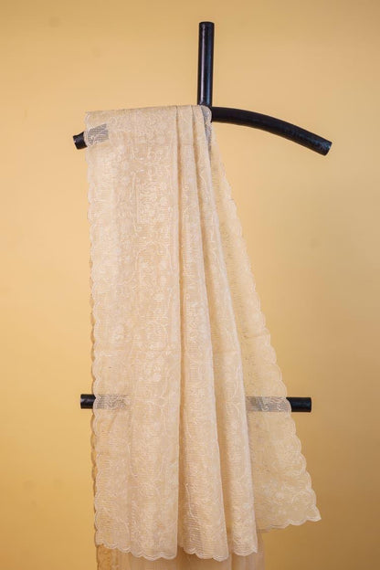 Beige Cotton Kota Designer Embroidery Premium Banarasi Saree