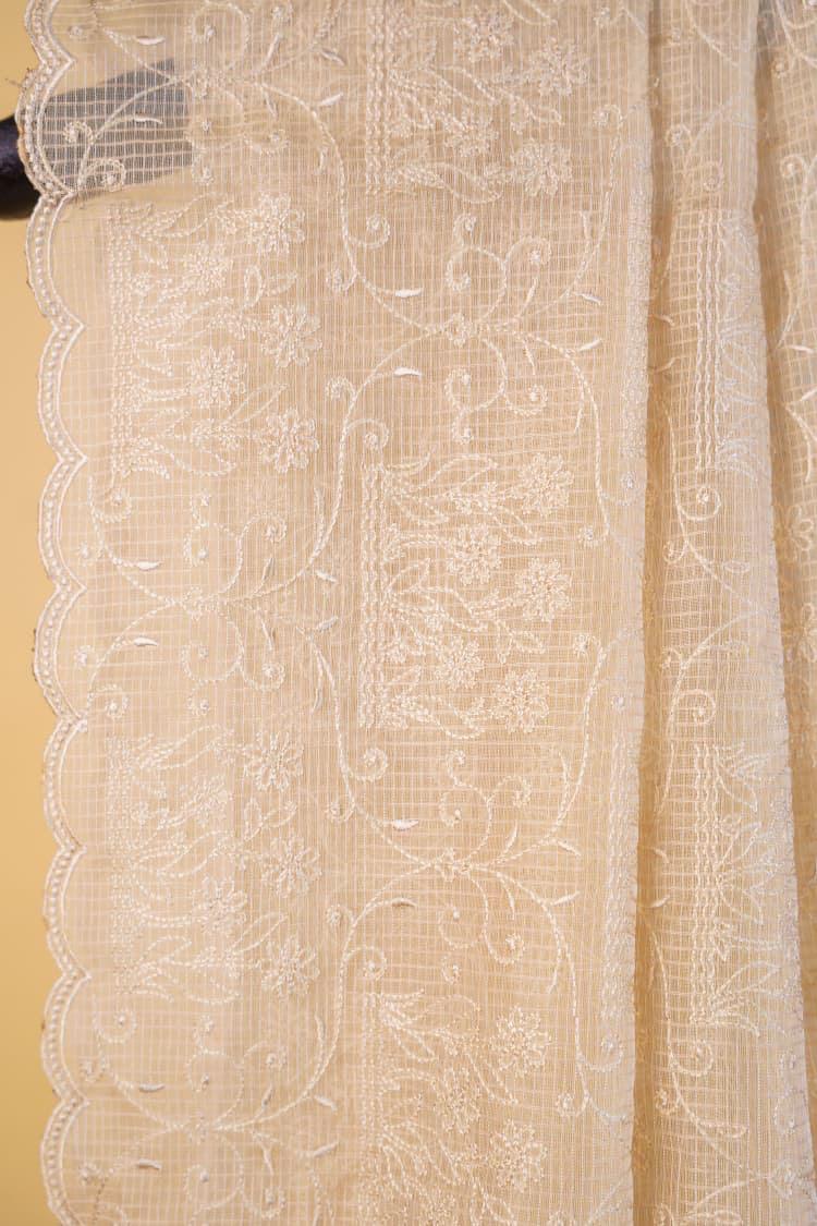 Beige Cotton Kota Designer Embroidery Premium Banarasi Saree
