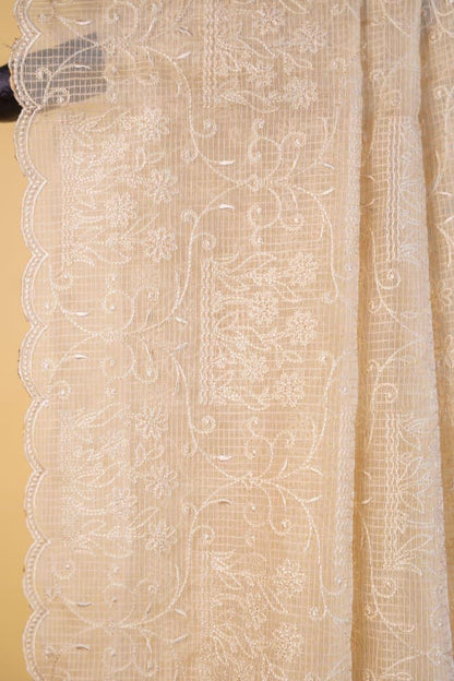 Beige Cotton Kota Designer Embroidery Premium Banarasi Saree
