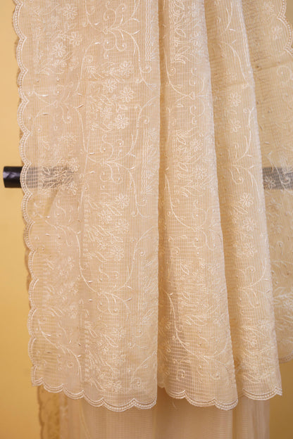 Beige Cotton Kota Designer Embroidery Premium Banarasi Saree