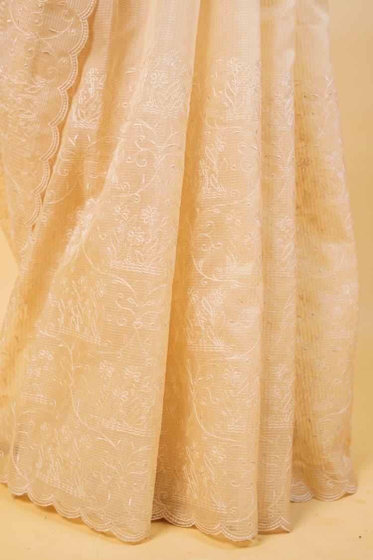 Beige Cotton Kota Designer Embroidery Premium Banarasi Saree